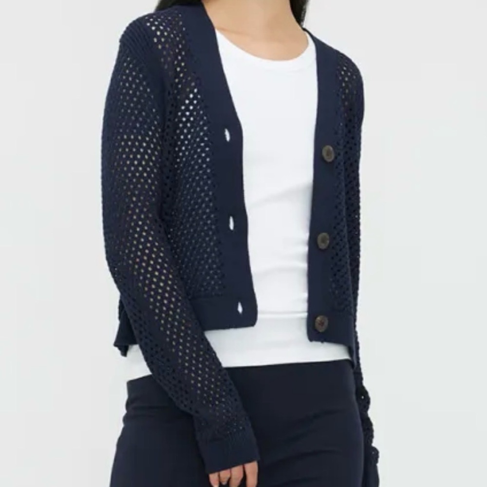 KIT + ACE - women’s Navy 100% cotton V- neck cardigan open stitch sweater top S